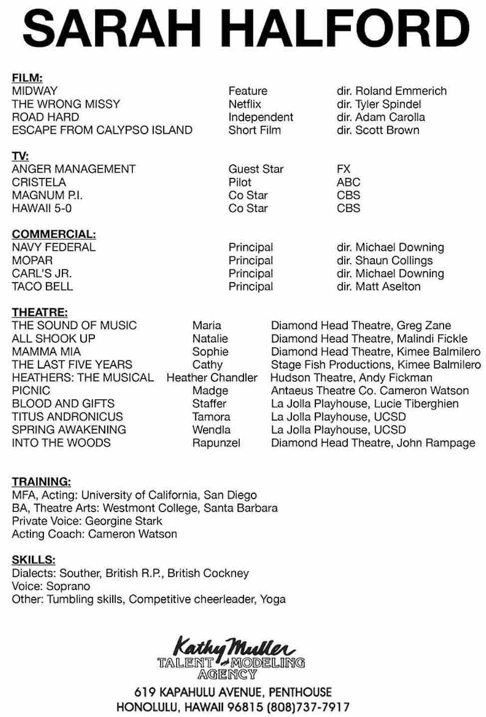 Sarah Halford's acting resume